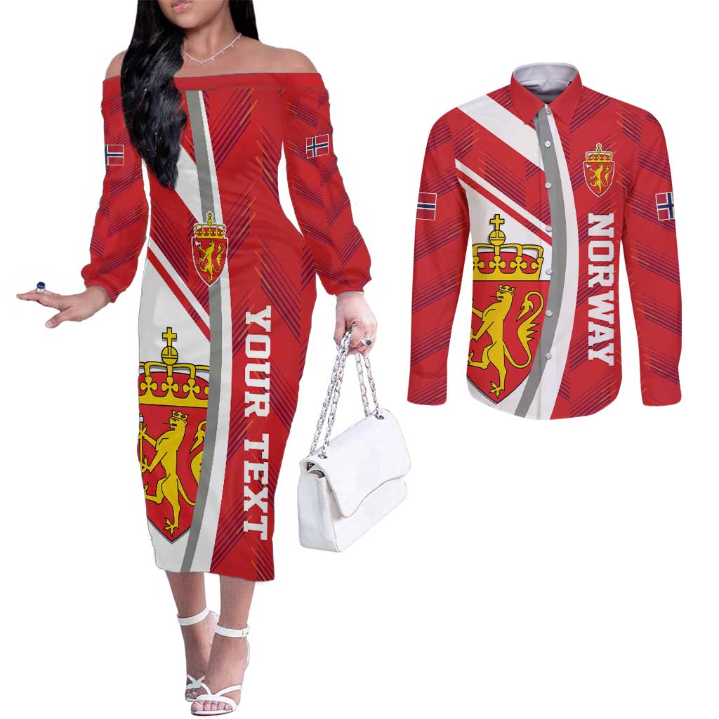 Personalized Norway Coat of Arms Couples Matching Off The Shoulder Long Sleeve Dress and Long Sleeve Button Shirt Golden Lion
