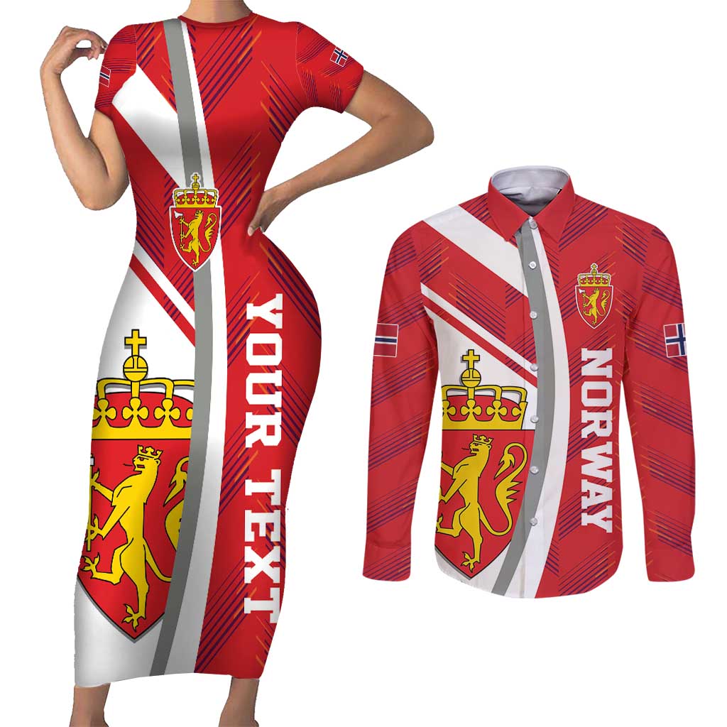 Personalized Norway Coat of Arms Couples Matching Short Sleeve Bodycon Dress and Long Sleeve Button Shirt Golden Lion