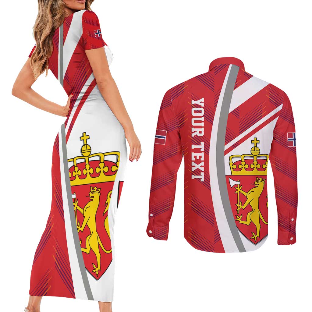Personalized Norway Coat of Arms Couples Matching Short Sleeve Bodycon Dress and Long Sleeve Button Shirt Golden Lion