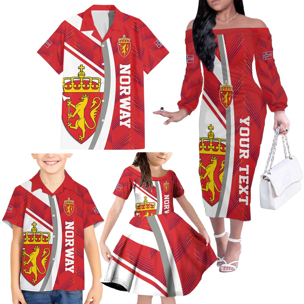 Personalized Norway Coat of Arms Family Matching Off The Shoulder Long Sleeve Dress and Hawaiian Shirt Golden Lion