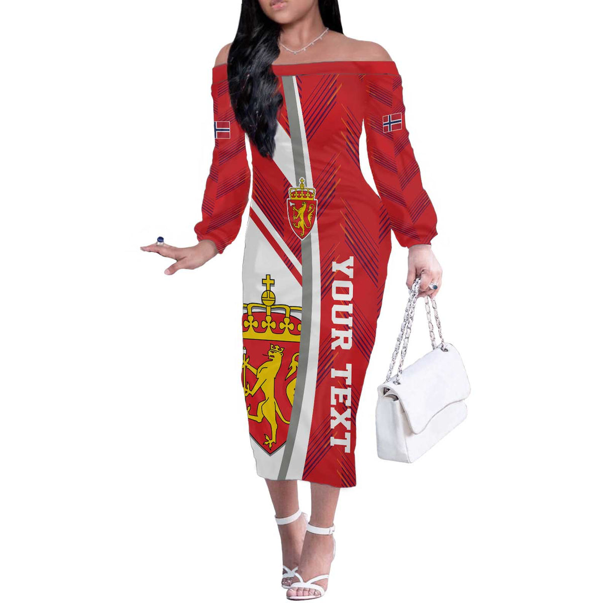 Personalized Norway Coat of Arms Off The Shoulder Long Sleeve Dress Golden Lion