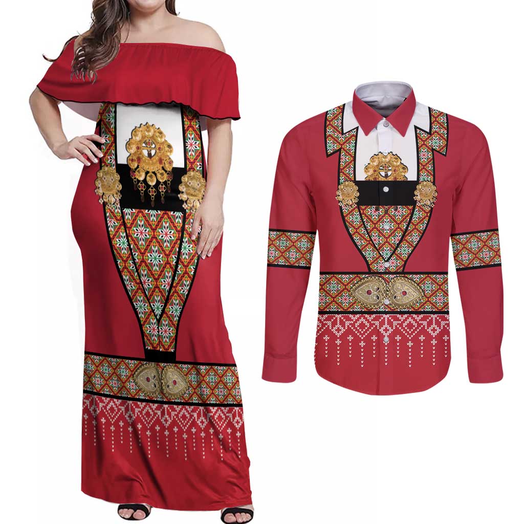 Norway Constitution Day Couples Matching Off Shoulder Maxi Dress and Long Sleeve Button Shirt Norwegian bunads