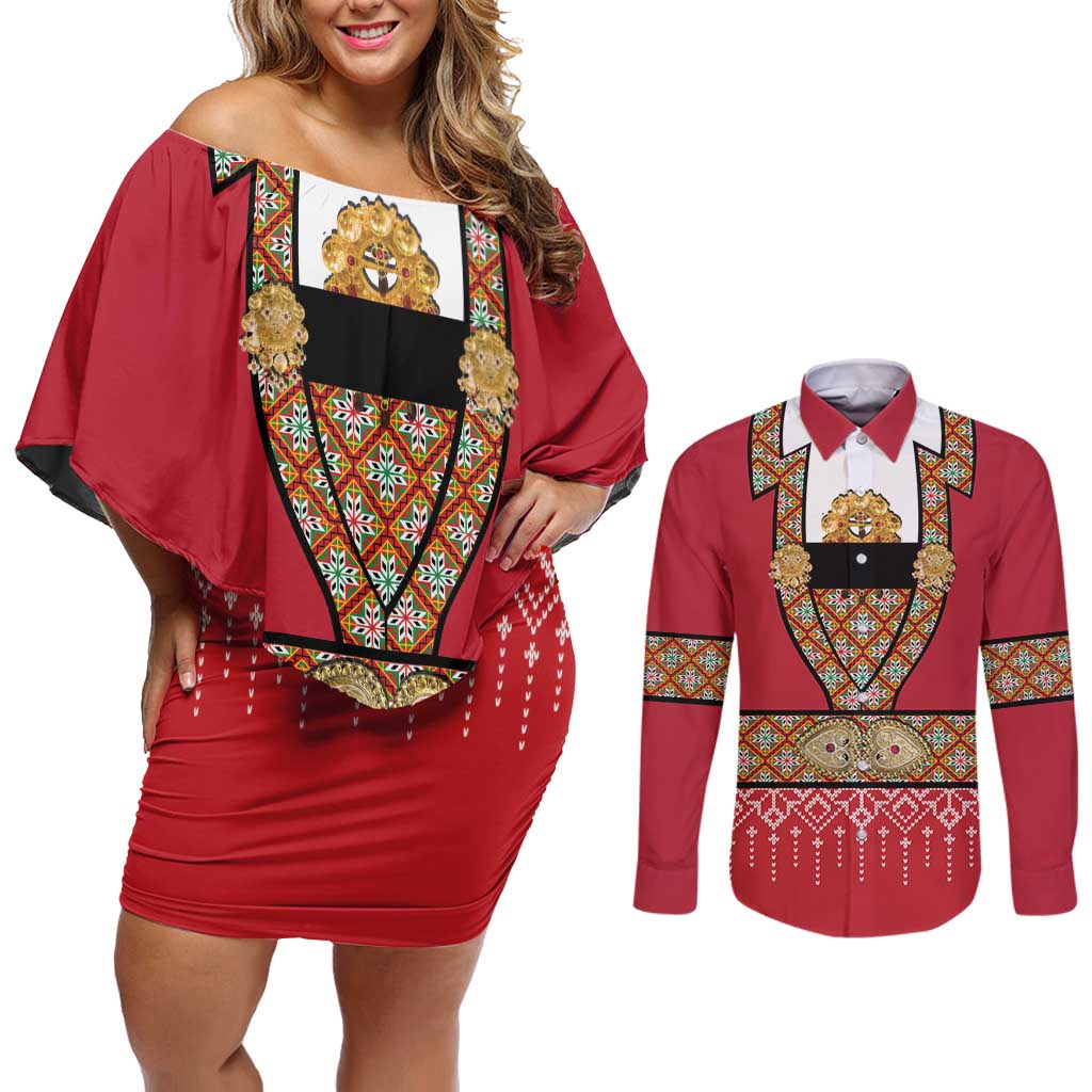 Norway Constitution Day Couples Matching Off Shoulder Short Dress and Long Sleeve Button Shirt Norwegian bunads