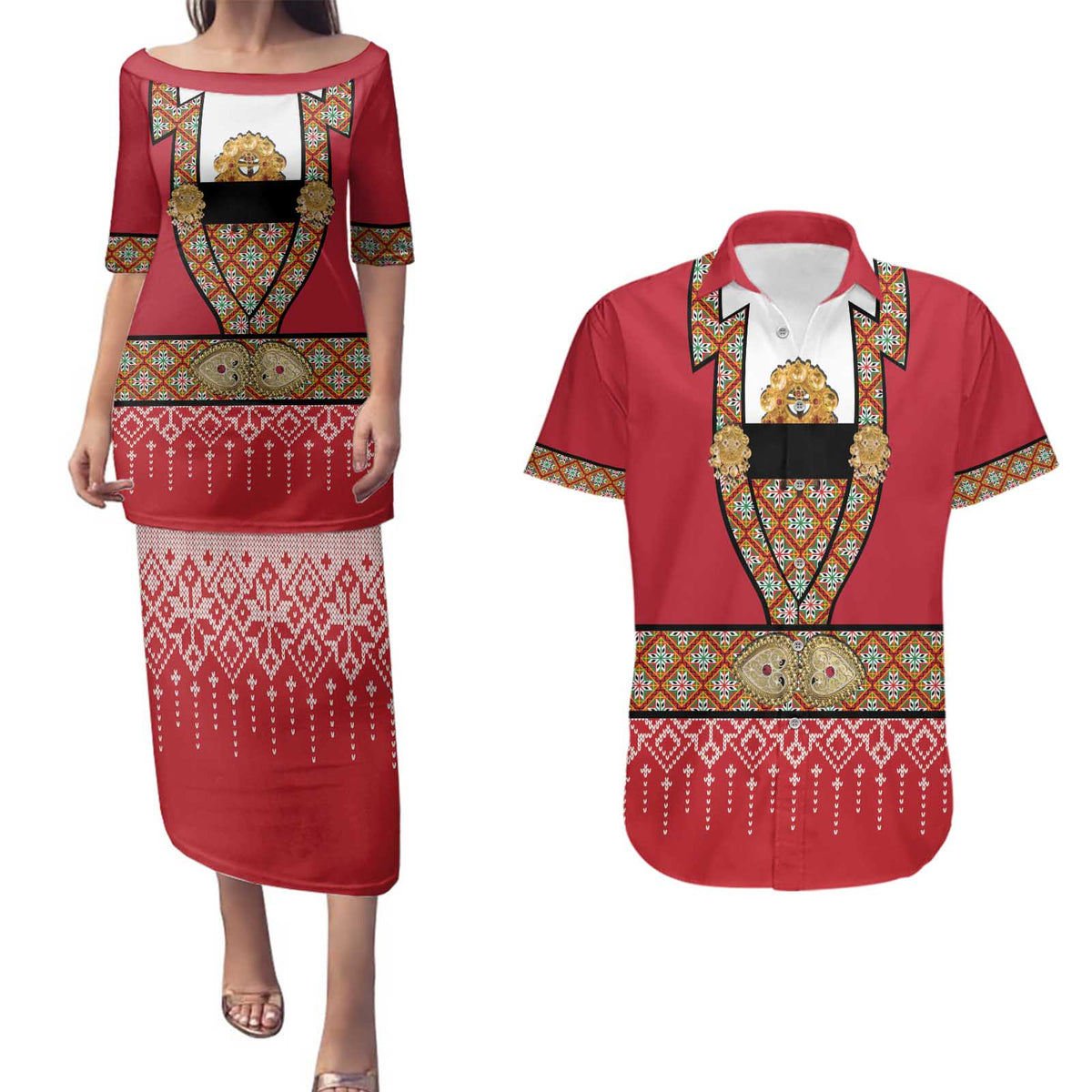 Norway Constitution Day Couples Matching Puletasi and Hawaiian Shirt Norwegian bunads