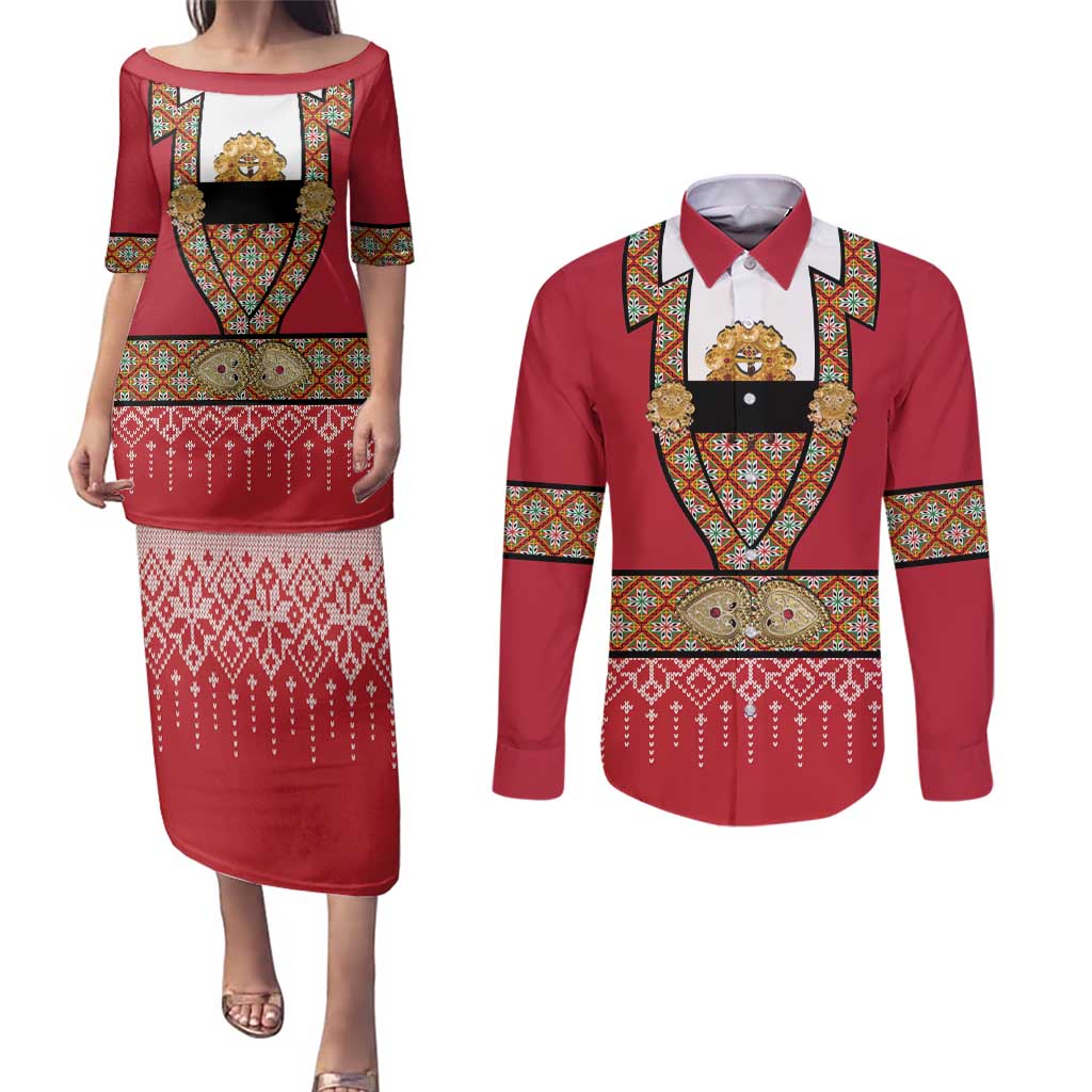 Norway Constitution Day Couples Matching Puletasi and Long Sleeve Button Shirt Norwegian bunads