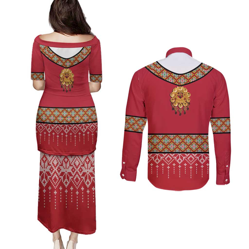 Norway Constitution Day Couples Matching Puletasi and Long Sleeve Button Shirt Norwegian bunads