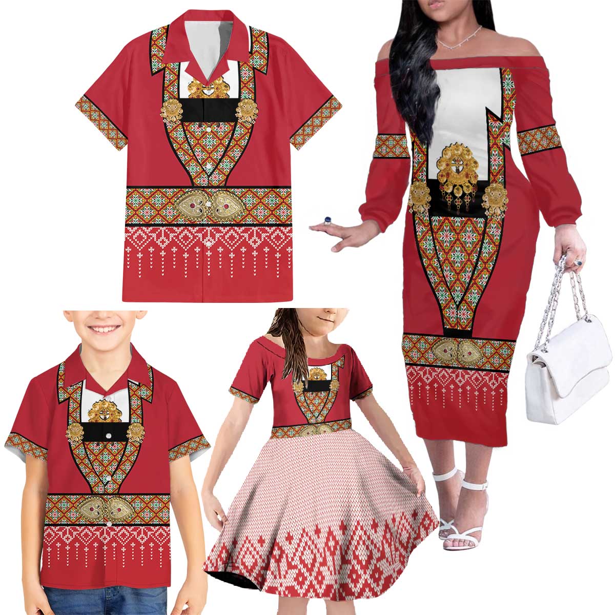 Norway Constitution Day Family Matching Off The Shoulder Long Sleeve Dress and Hawaiian Shirt Norwegian bunads