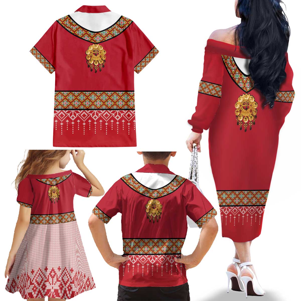 Norway Constitution Day Family Matching Off The Shoulder Long Sleeve Dress and Hawaiian Shirt Norwegian bunads