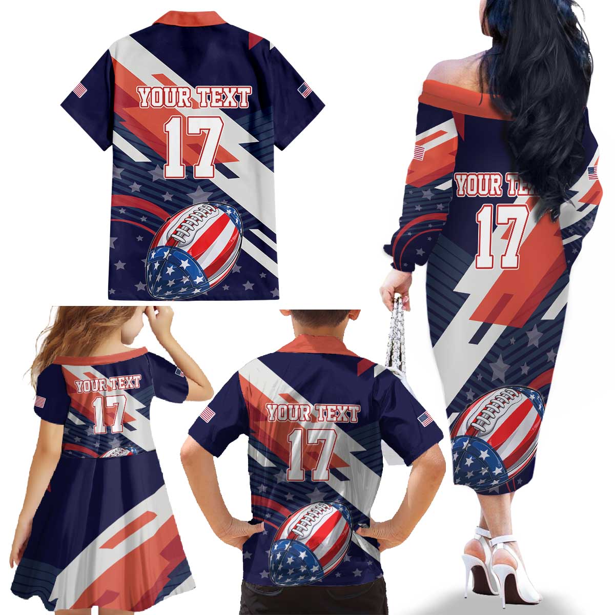 Custom United States American Football Family Matching Off The Shoulder Long Sleeve Dress and Hawaiian Shirt USA Go Champions Sporty Style