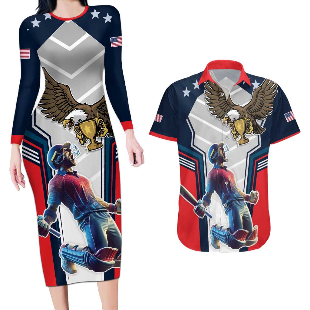 Custom United States Cricket Couples Matching Long Sleeve Bodycon Dress and Hawaiian Shirt USA Go Champions and Eagle Mascot Style