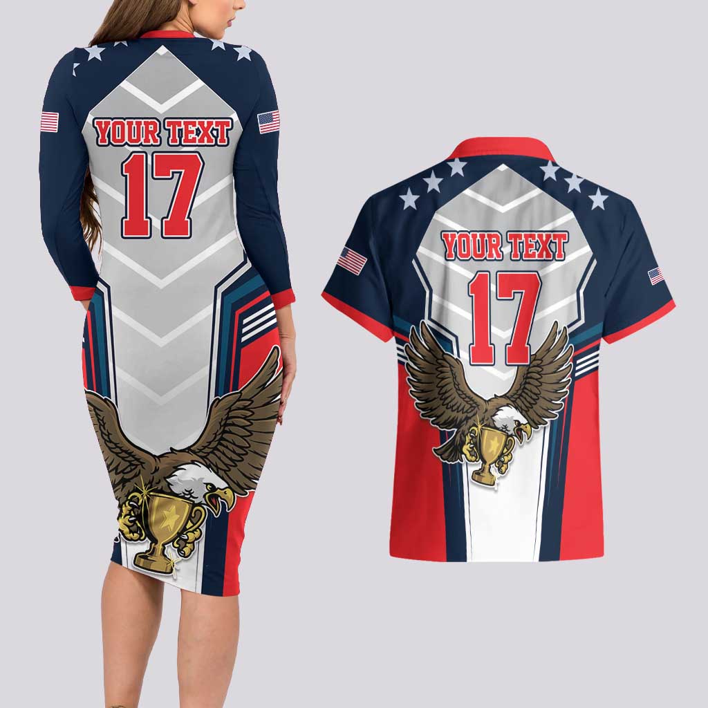 Custom United States Cricket Couples Matching Long Sleeve Bodycon Dress and Hawaiian Shirt USA Go Champions and Eagle Mascot Style