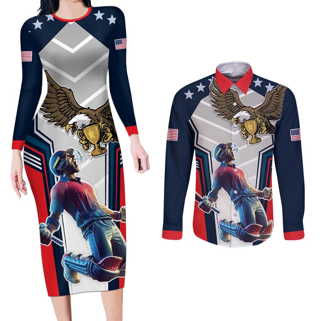 Custom United States Cricket Couples Matching Long Sleeve Bodycon Dress and Long Sleeve Button Shirt USA Go Champions and Eagle Mascot Style