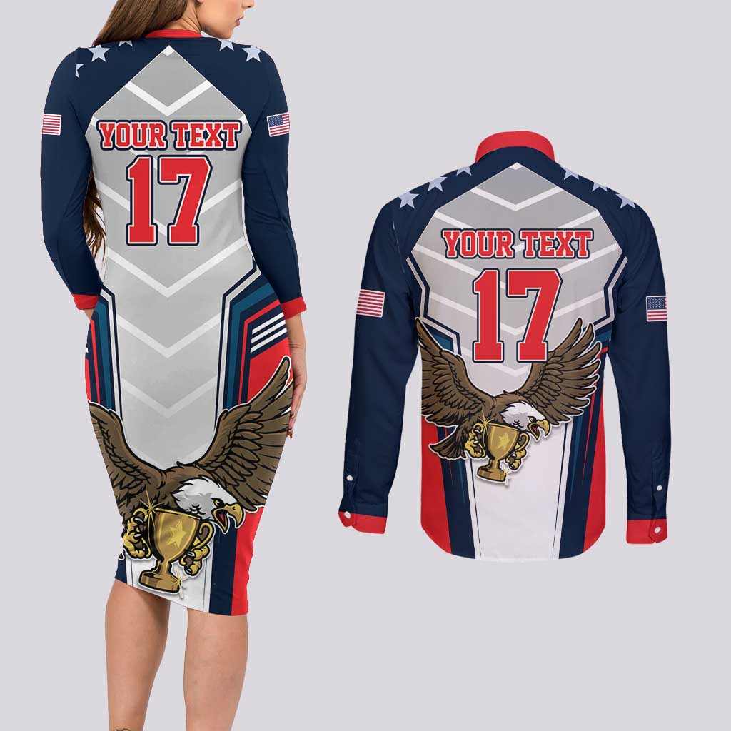 Custom United States Cricket Couples Matching Long Sleeve Bodycon Dress and Long Sleeve Button Shirt USA Go Champions and Eagle Mascot Style