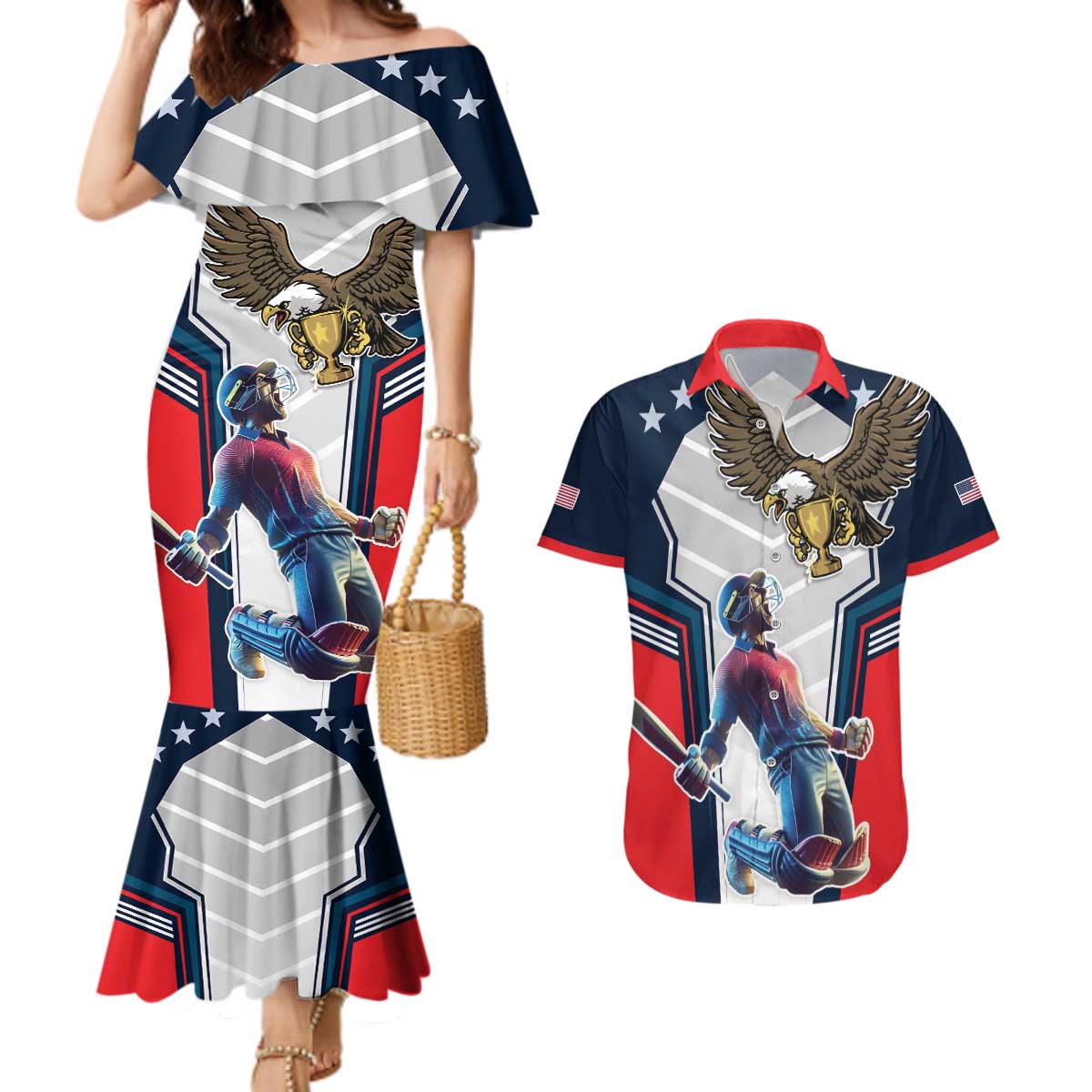 Custom United States Cricket Couples Matching Mermaid Dress and Hawaiian Shirt USA Go Champions and Eagle Mascot Style