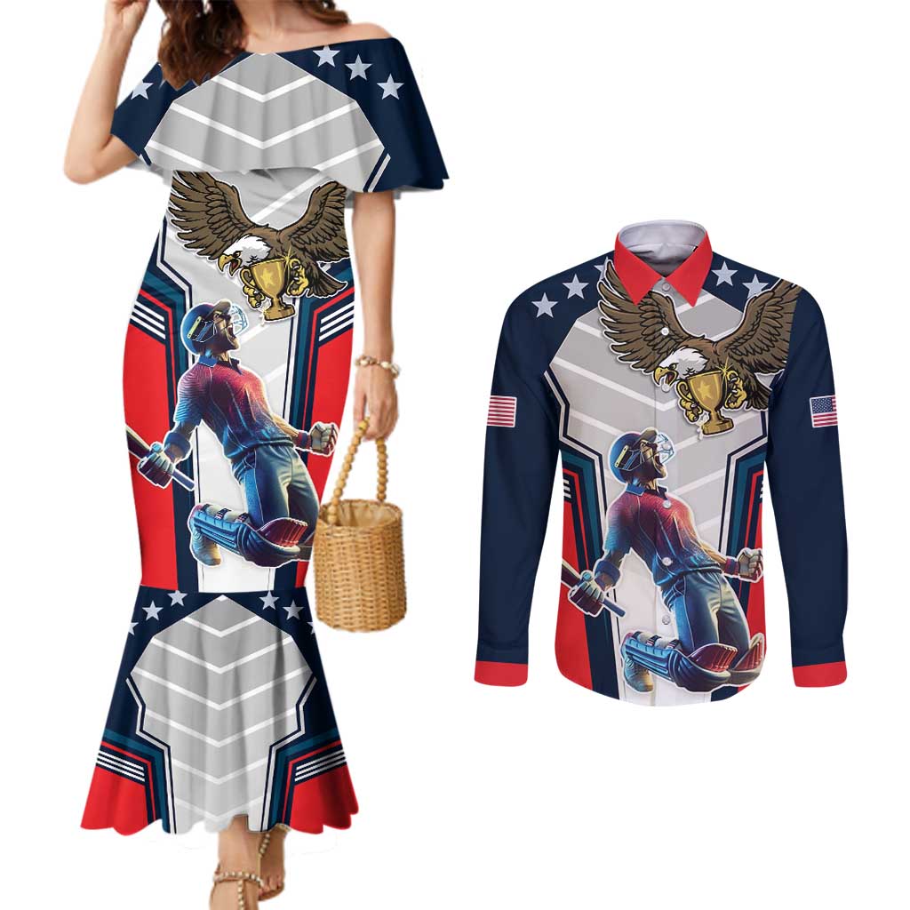 Custom United States Cricket Couples Matching Mermaid Dress and Long Sleeve Button Shirt USA Go Champions and Eagle Mascot Style