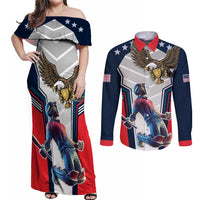 Custom United States Cricket Couples Matching Off Shoulder Maxi Dress and Long Sleeve Button Shirt USA Go Champions and Eagle Mascot Style
