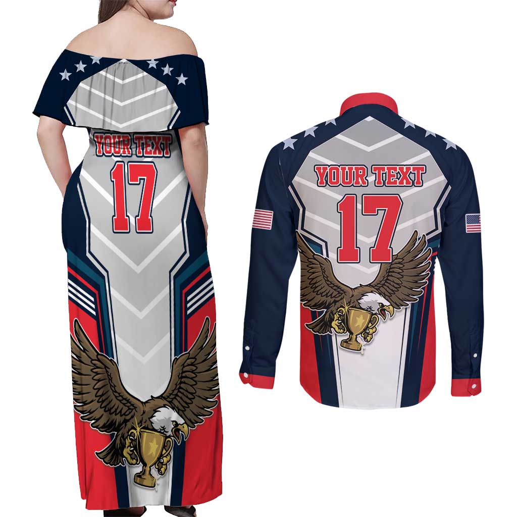 Custom United States Cricket Couples Matching Off Shoulder Maxi Dress and Long Sleeve Button Shirt USA Go Champions and Eagle Mascot Style