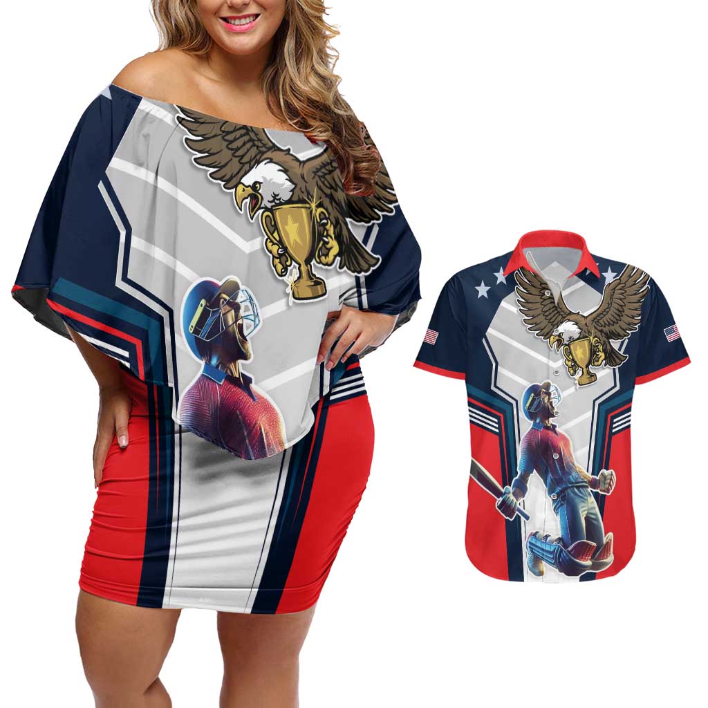 Custom United States Cricket Couples Matching Off Shoulder Short Dress and Hawaiian Shirt USA Go Champions and Eagle Mascot Style