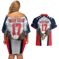 Custom United States Cricket Couples Matching Off Shoulder Short Dress and Hawaiian Shirt USA Go Champions and Eagle Mascot Style