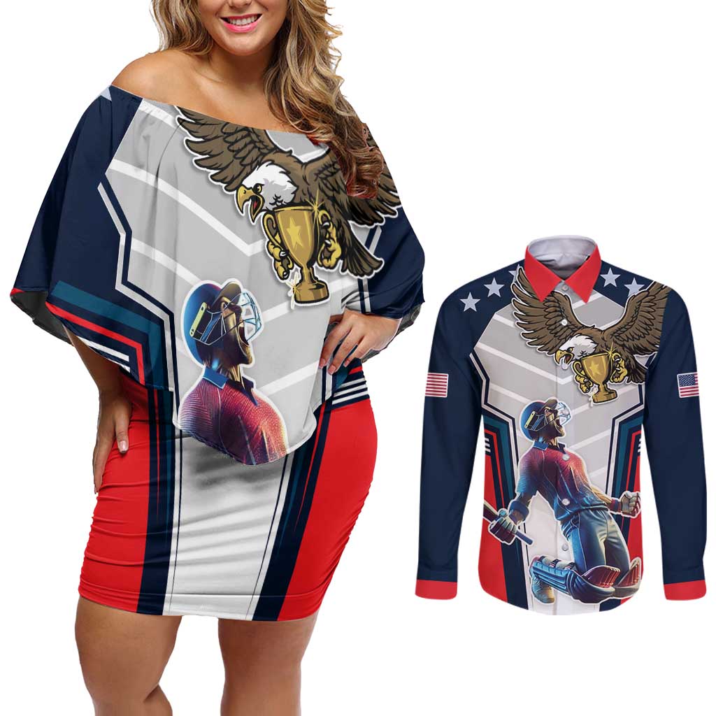 Custom United States Cricket Couples Matching Off Shoulder Short Dress and Long Sleeve Button Shirt USA Go Champions and Eagle Mascot Style