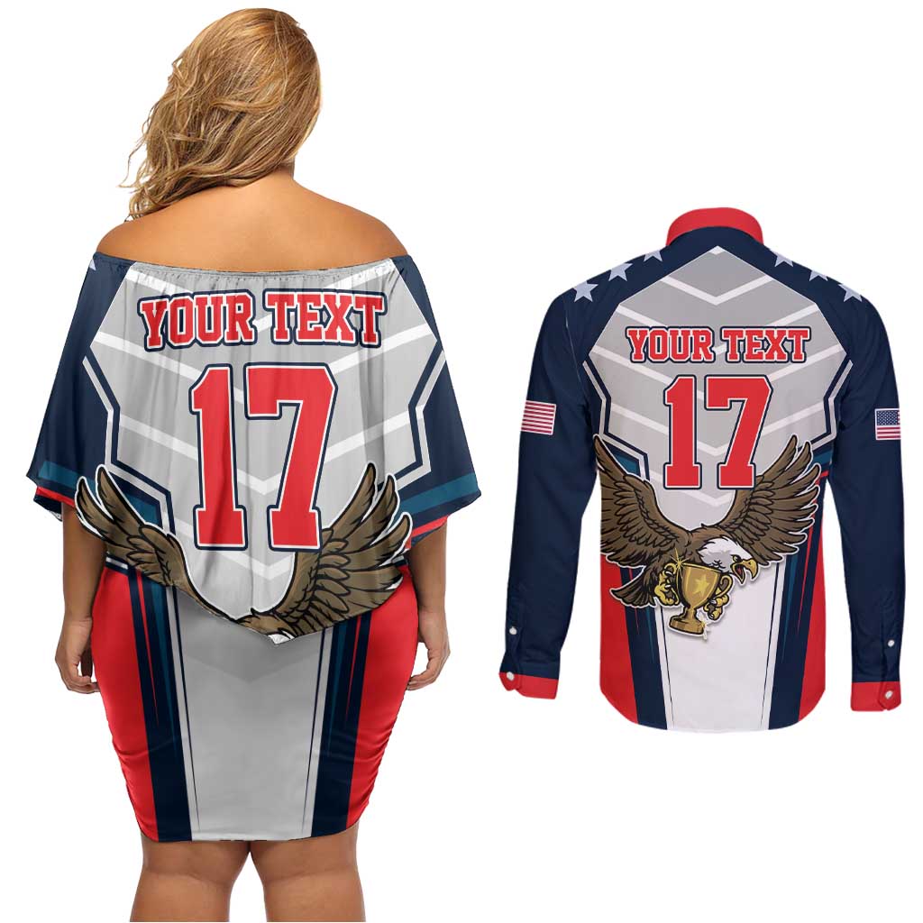Custom United States Cricket Couples Matching Off Shoulder Short Dress and Long Sleeve Button Shirt USA Go Champions and Eagle Mascot Style