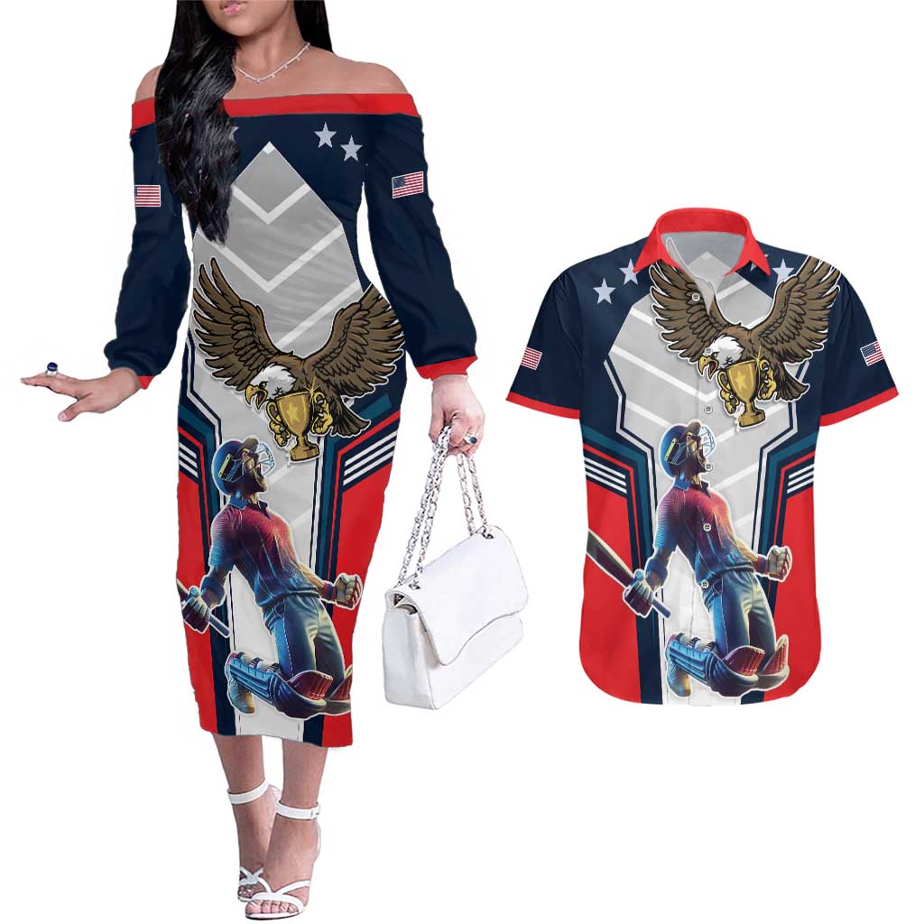 Custom United States Cricket Couples Matching Off The Shoulder Long Sleeve Dress and Hawaiian Shirt USA Go Champions and Eagle Mascot Style