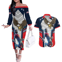 Custom United States Cricket Couples Matching Off The Shoulder Long Sleeve Dress and Hawaiian Shirt USA Go Champions and Eagle Mascot Style
