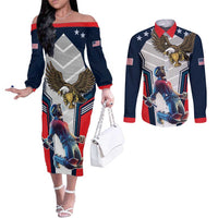 Custom United States Cricket Couples Matching Off The Shoulder Long Sleeve Dress and Long Sleeve Button Shirt USA Go Champions and Eagle Mascot Style