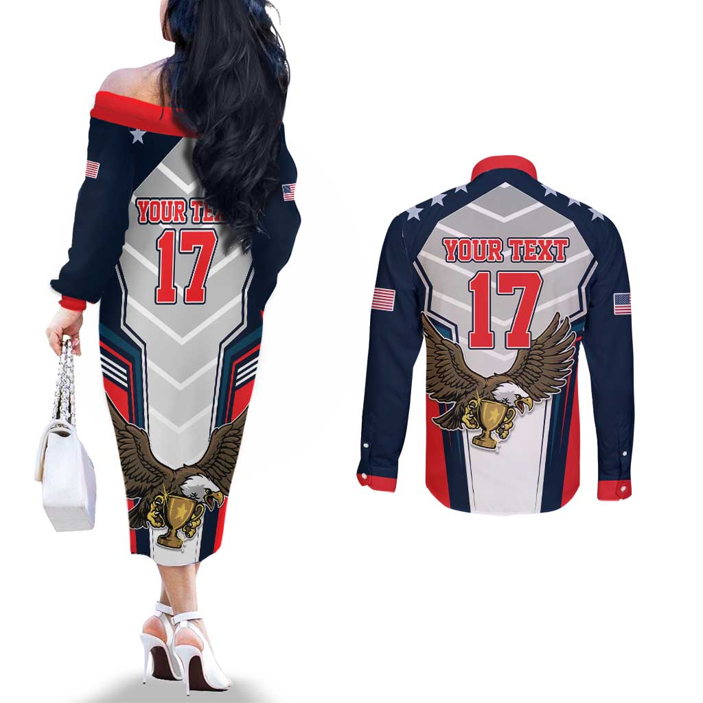 Custom United States Cricket Couples Matching Off The Shoulder Long Sleeve Dress and Long Sleeve Button Shirt USA Go Champions and Eagle Mascot Style