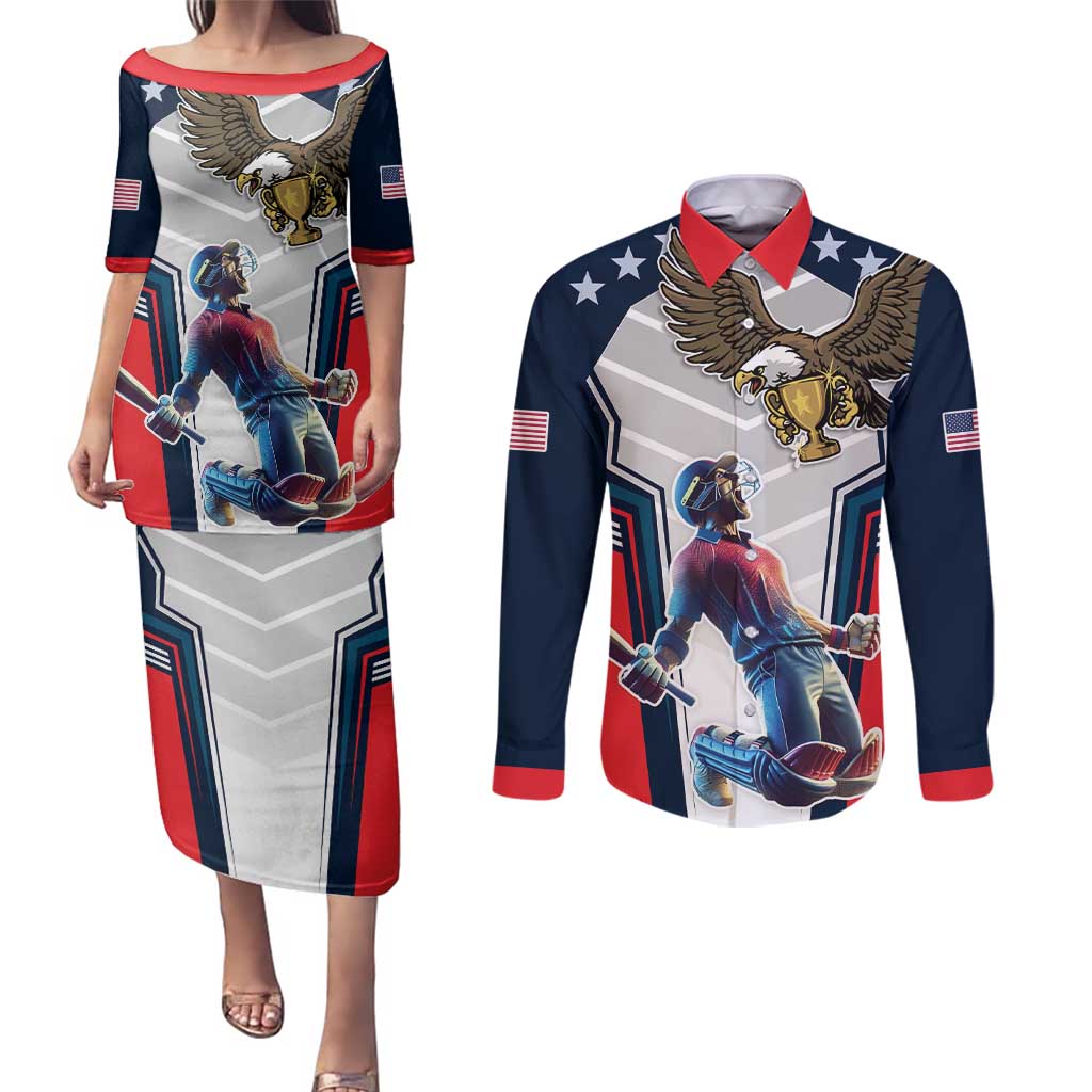 Custom United States Cricket Couples Matching Puletasi and Long Sleeve Button Shirt USA Go Champions and Eagle Mascot Style