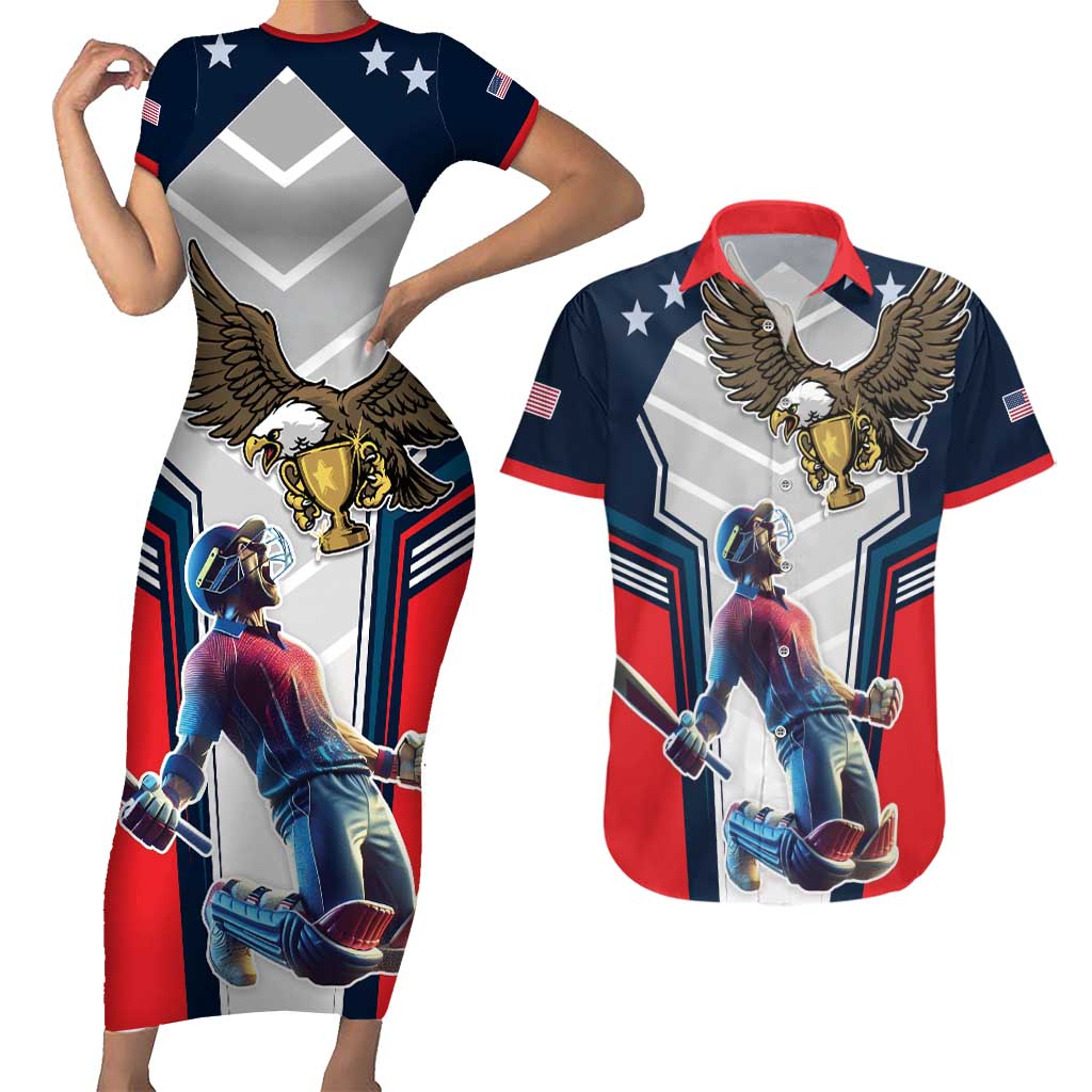 Custom United States Cricket Couples Matching Short Sleeve Bodycon Dress and Hawaiian Shirt USA Go Champions and Eagle Mascot Style