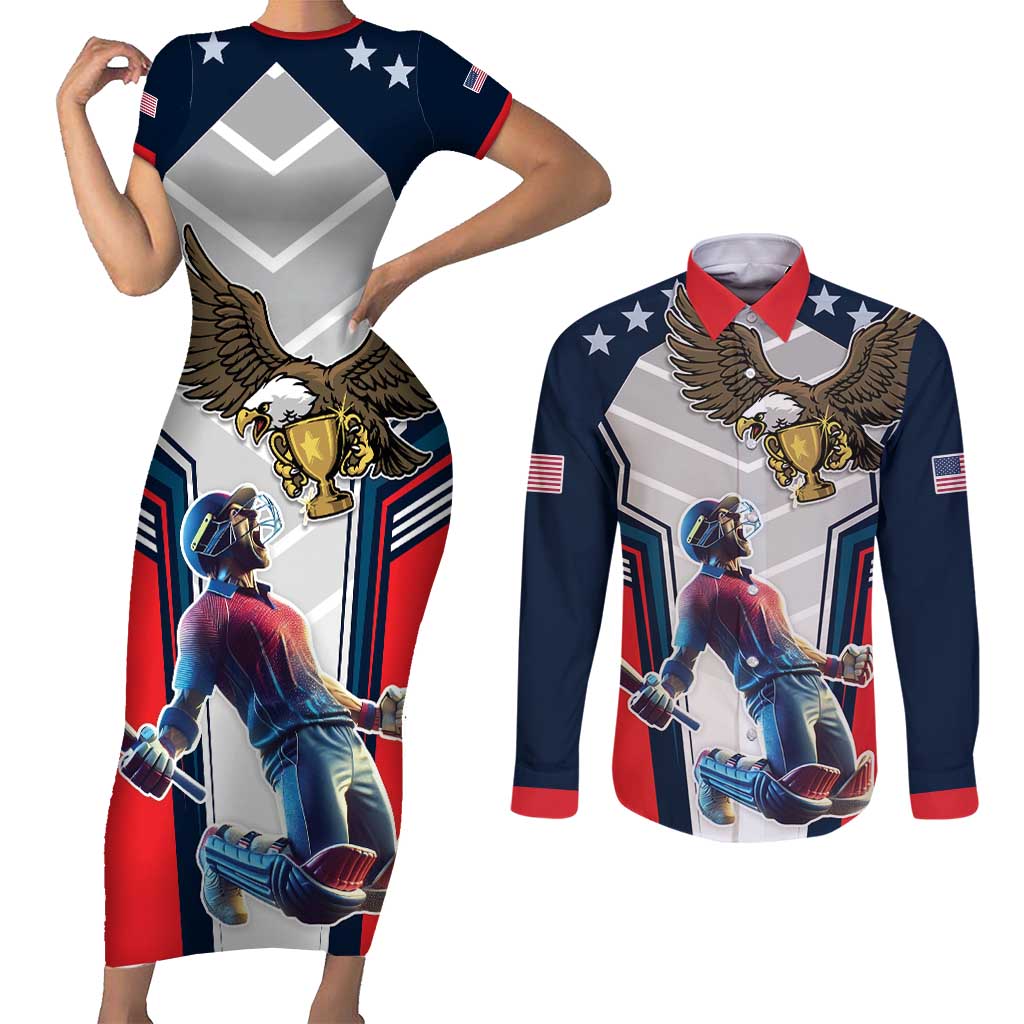 Custom United States Cricket Couples Matching Short Sleeve Bodycon Dress and Long Sleeve Button Shirt USA Go Champions and Eagle Mascot Style