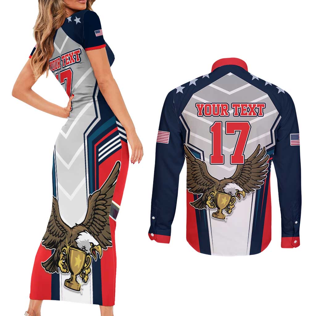 Custom United States Cricket Couples Matching Short Sleeve Bodycon Dress and Long Sleeve Button Shirt USA Go Champions and Eagle Mascot Style