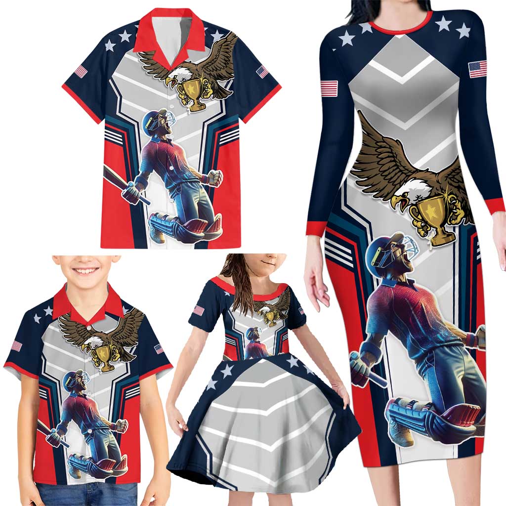 Custom United States Cricket Family Matching Long Sleeve Bodycon Dress and Hawaiian Shirt USA Go Champions and Eagle Mascot Style