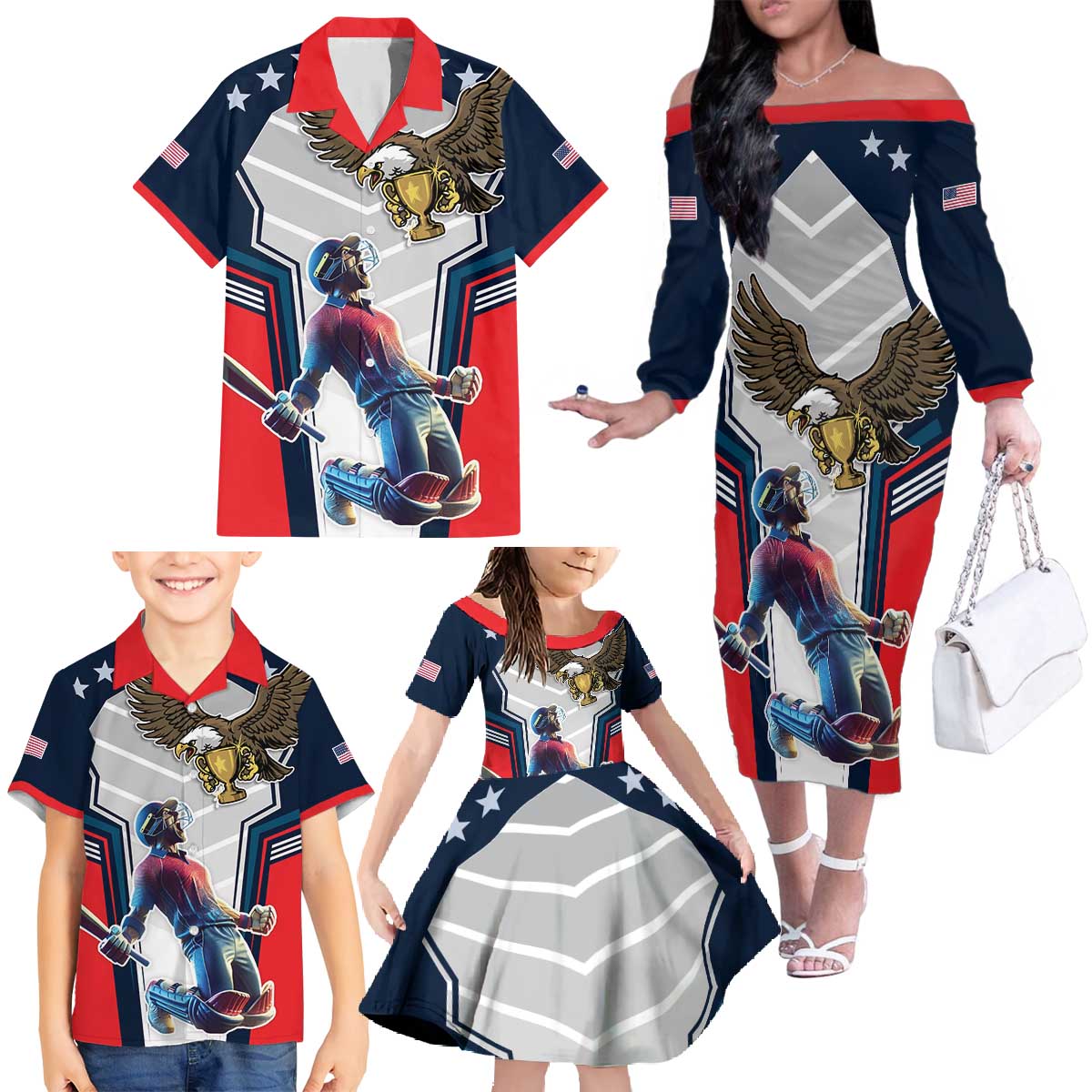 Custom United States Cricket Family Matching Off The Shoulder Long Sleeve Dress and Hawaiian Shirt USA Go Champions and Eagle Mascot Style