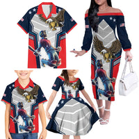Custom United States Cricket Family Matching Off The Shoulder Long Sleeve Dress and Hawaiian Shirt USA Go Champions and Eagle Mascot Style