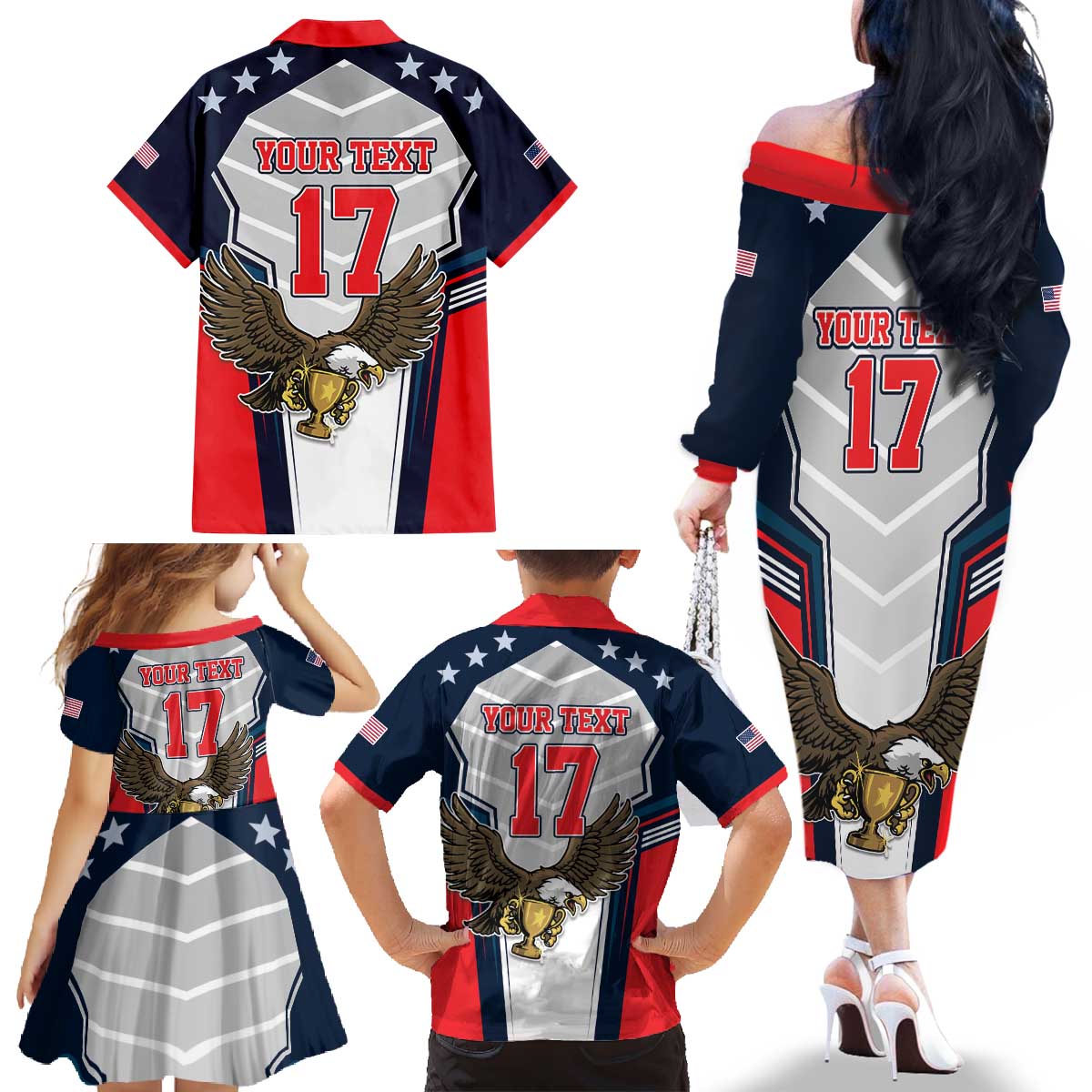 Custom United States Cricket Family Matching Off The Shoulder Long Sleeve Dress and Hawaiian Shirt USA Go Champions and Eagle Mascot Style