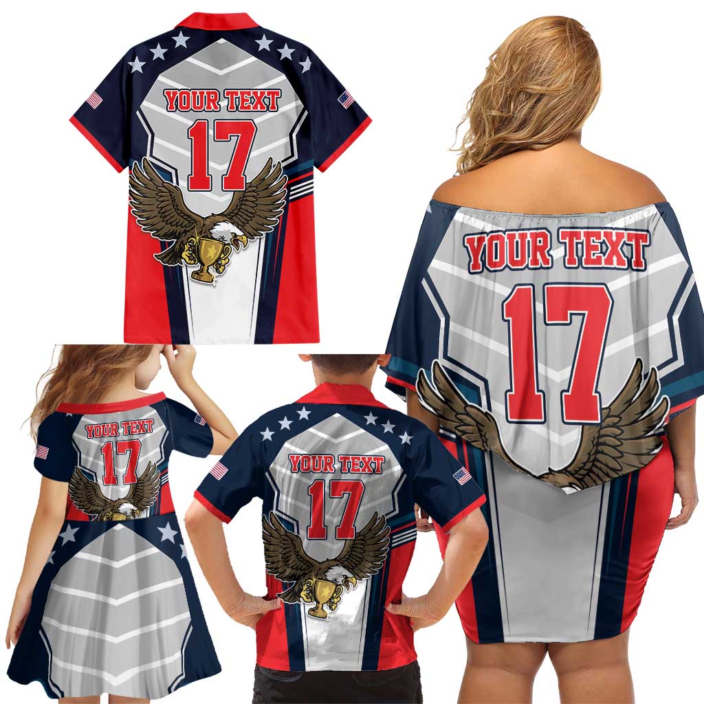 Custom United States Cricket Family Matching Off Shoulder Short Dress and Hawaiian Shirt USA Go Champions and Eagle Mascot Style