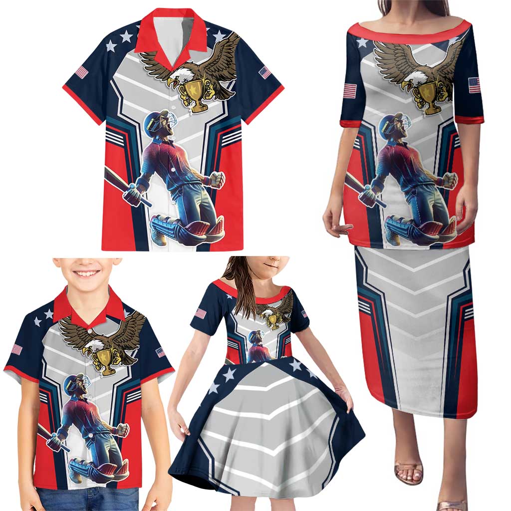 Custom United States Cricket Family Matching Puletasi and Hawaiian Shirt USA Go Champions and Eagle Mascot Style