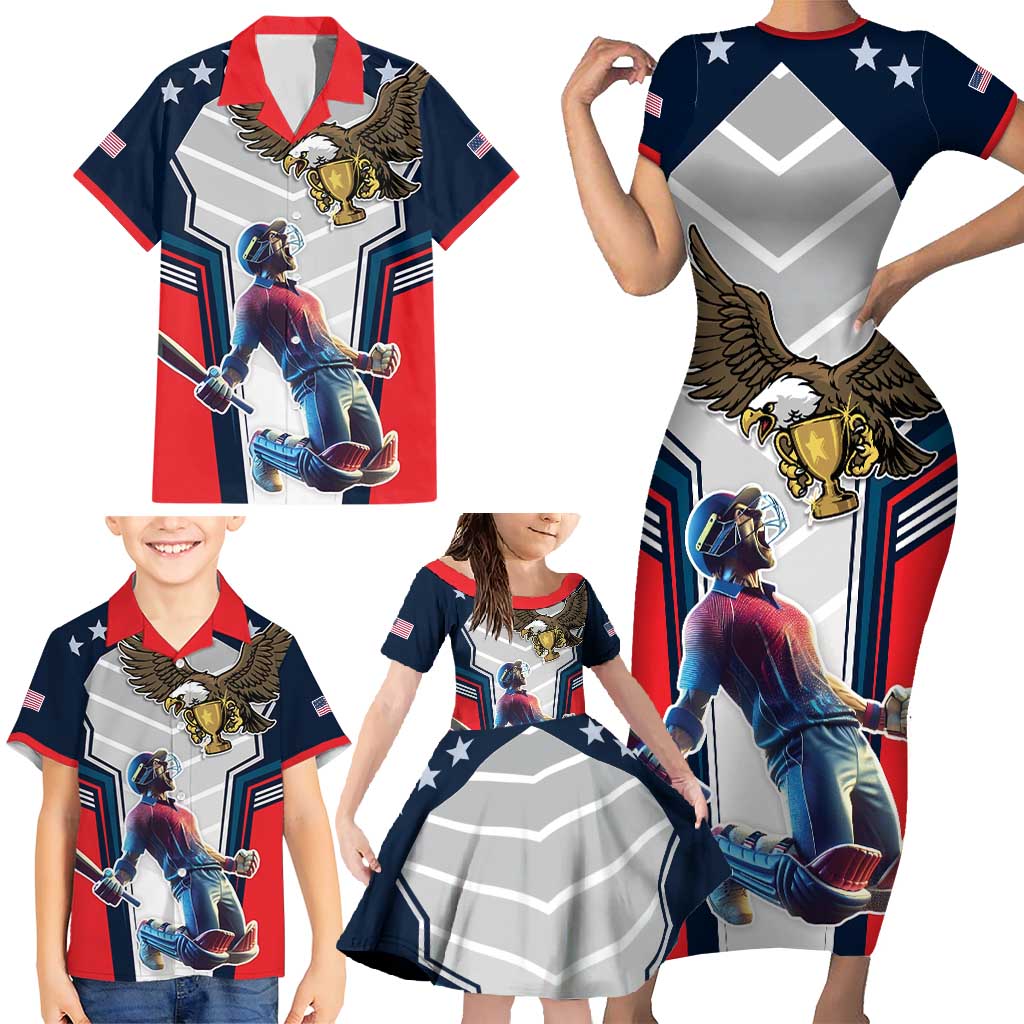 Custom United States Cricket Family Matching Short Sleeve Bodycon Dress and Hawaiian Shirt USA Go Champions and Eagle Mascot Style