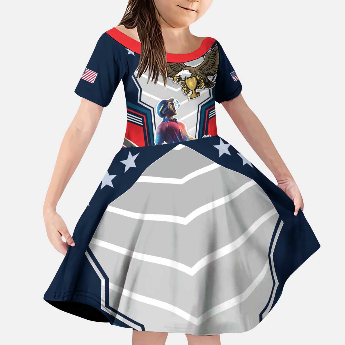 Custom United States Cricket Kid Short Sleeve Dress USA Go Champions and Eagle Mascot Style