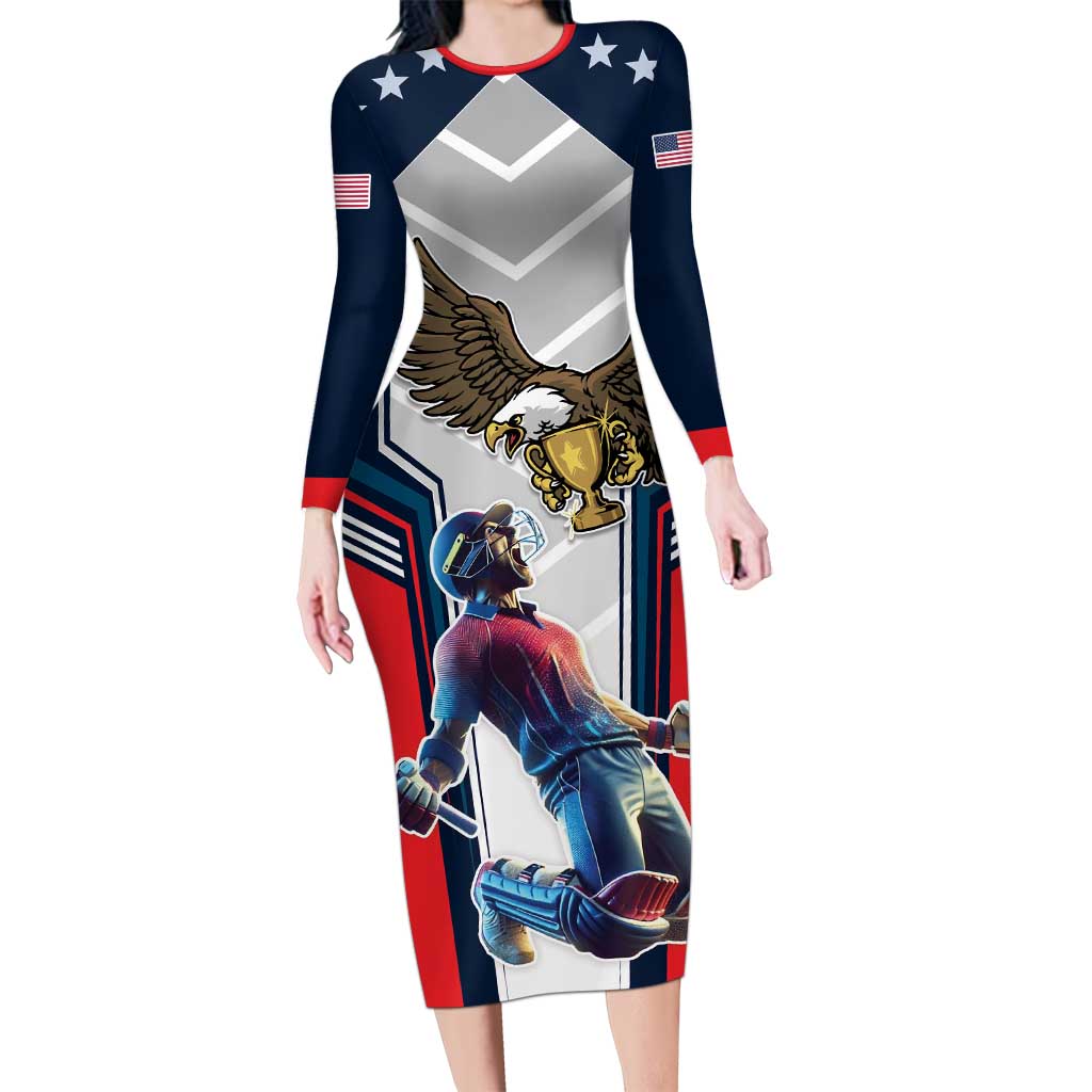 Custom United States Cricket Long Sleeve Bodycon Dress USA Go Champions and Eagle Mascot Style