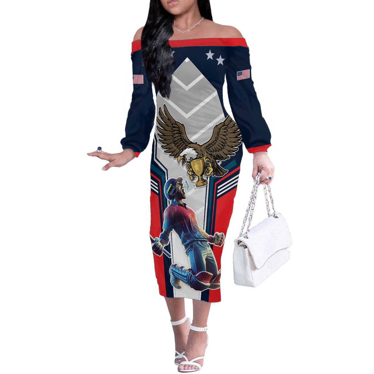 Custom United States Cricket Off The Shoulder Long Sleeve Dress USA Go Champions and Eagle Mascot Style