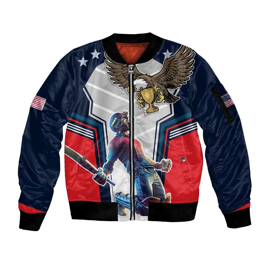 Custom United States Cricket Sleeve Zip Bomber Jacket USA Go Champions and Eagle Mascot Style