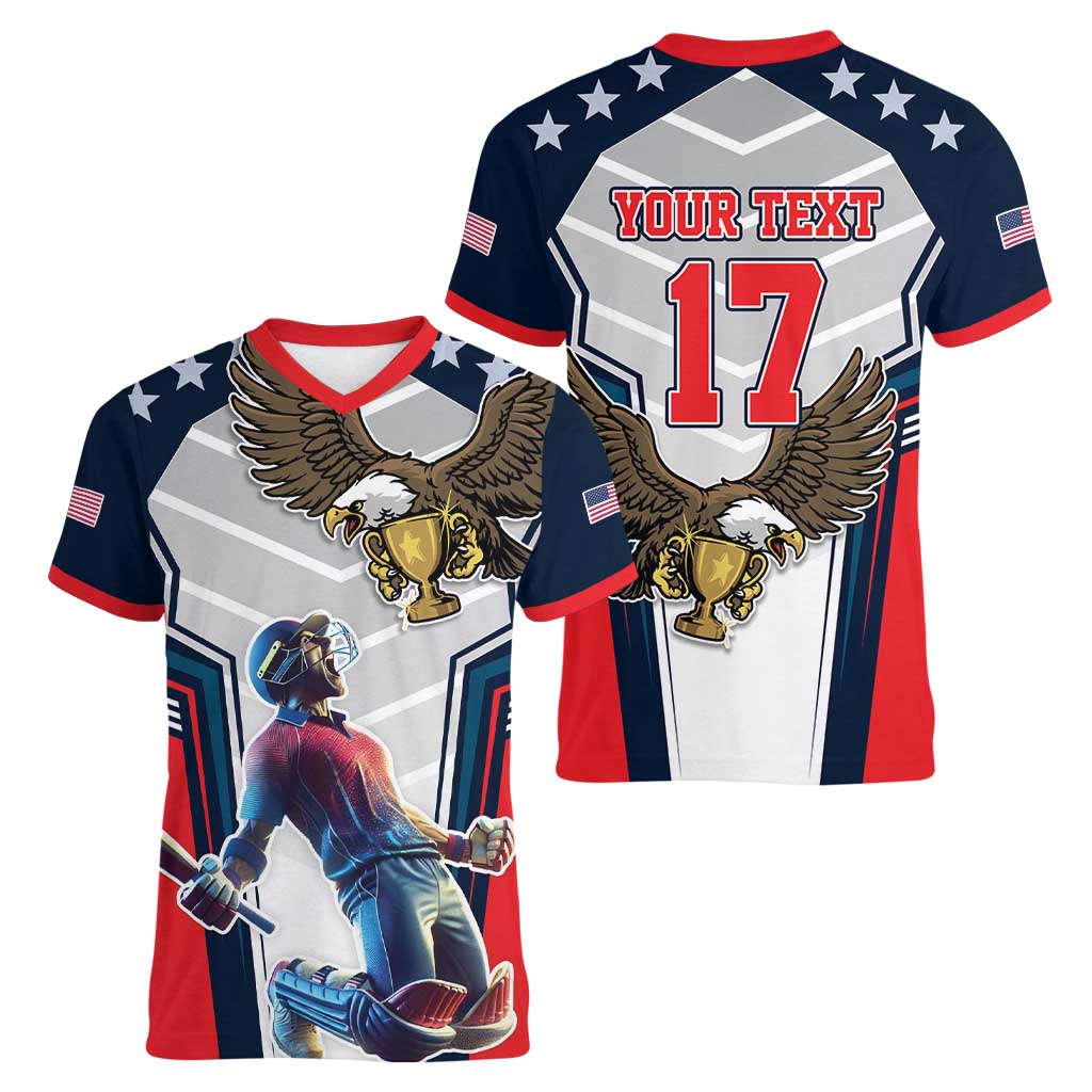 Custom United States Cricket Women V-Neck T-Shirt USA Go Champions and Eagle Mascot Style