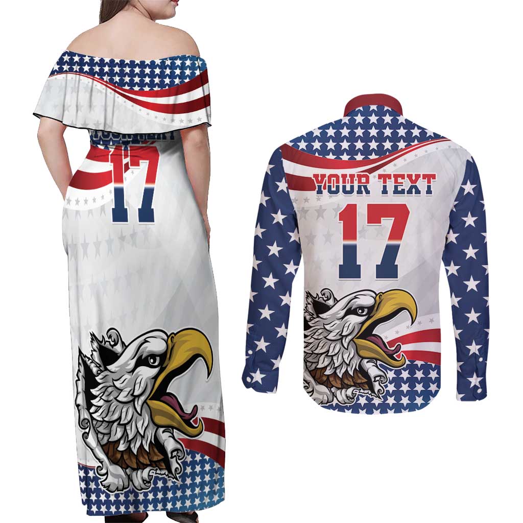 Custom United States Soccer Couples Matching Off Shoulder Maxi Dress and Long Sleeve Button Shirt USA Eagle Mascot Style