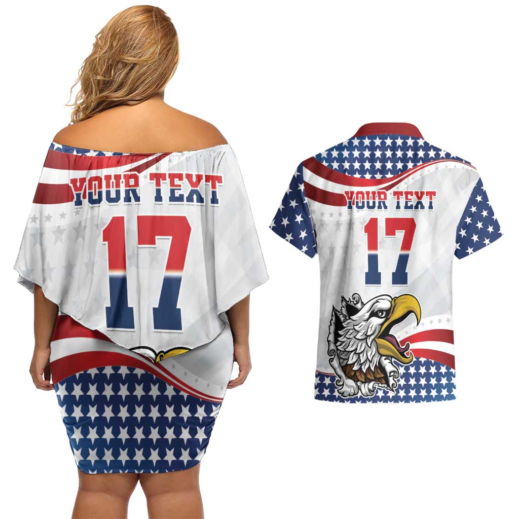 Custom United States Soccer Couples Matching Off Shoulder Short Dress and Hawaiian Shirt USA Eagle Mascot Style