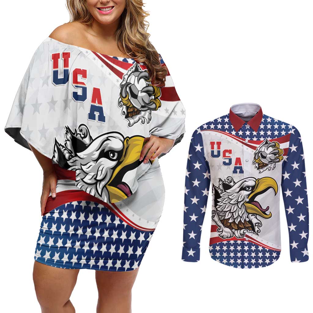 Custom United States Soccer Couples Matching Off Shoulder Short Dress and Long Sleeve Button Shirt USA Eagle Mascot Style