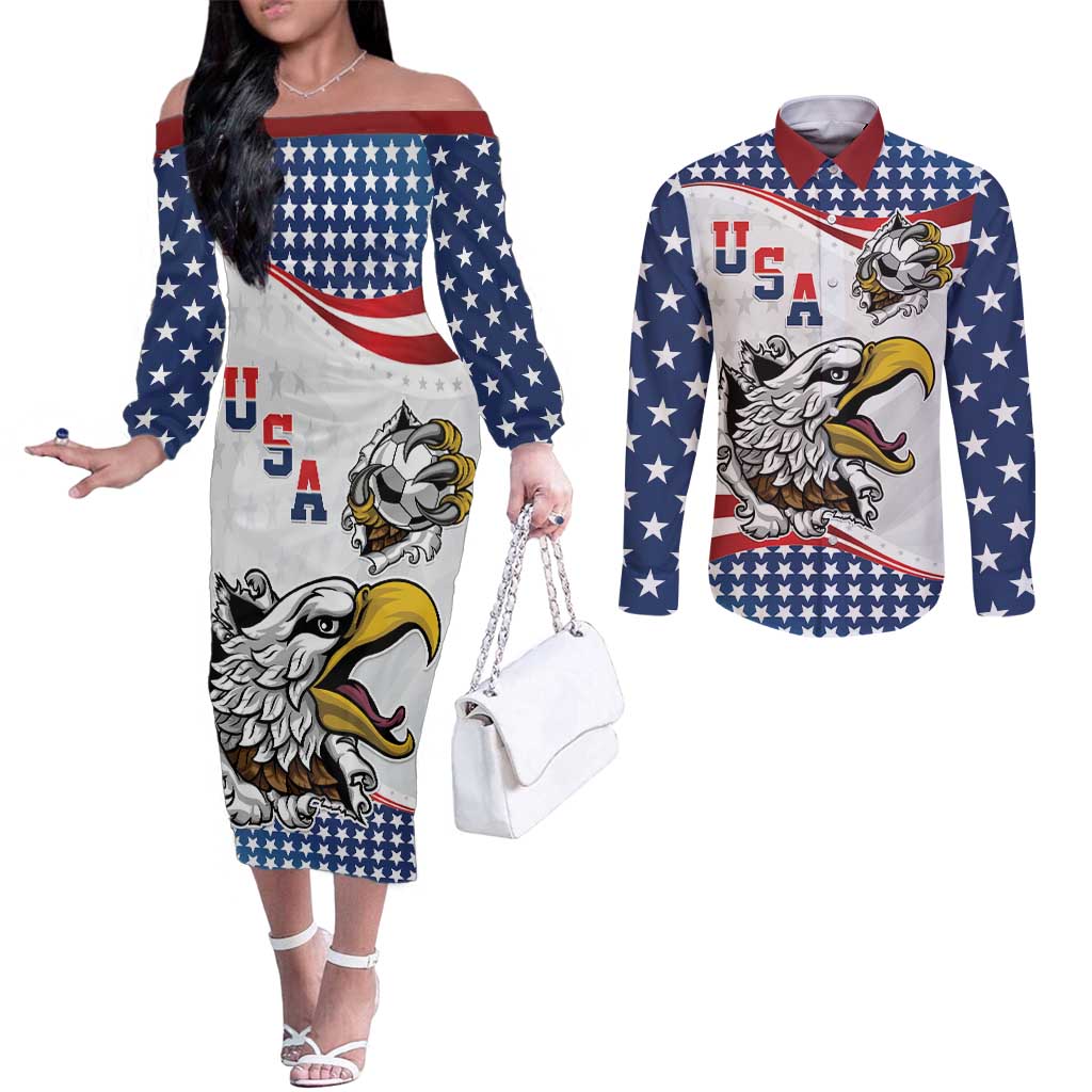 Custom United States Soccer Couples Matching Off The Shoulder Long Sleeve Dress and Long Sleeve Button Shirt USA Eagle Mascot Style