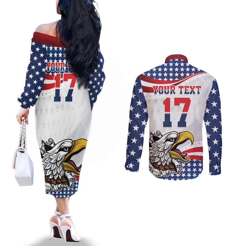 Custom United States Soccer Couples Matching Off The Shoulder Long Sleeve Dress and Long Sleeve Button Shirt USA Eagle Mascot Style